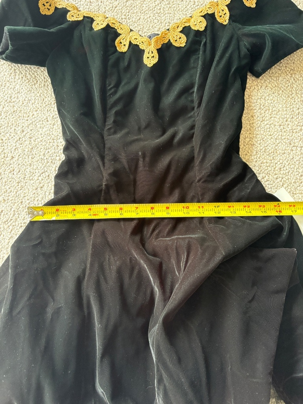 Vintage NWT Rampage Dark Green Velvet Dress 7 Off-Shoulder Gold Lace Trim Glam - Picture 12 of 13